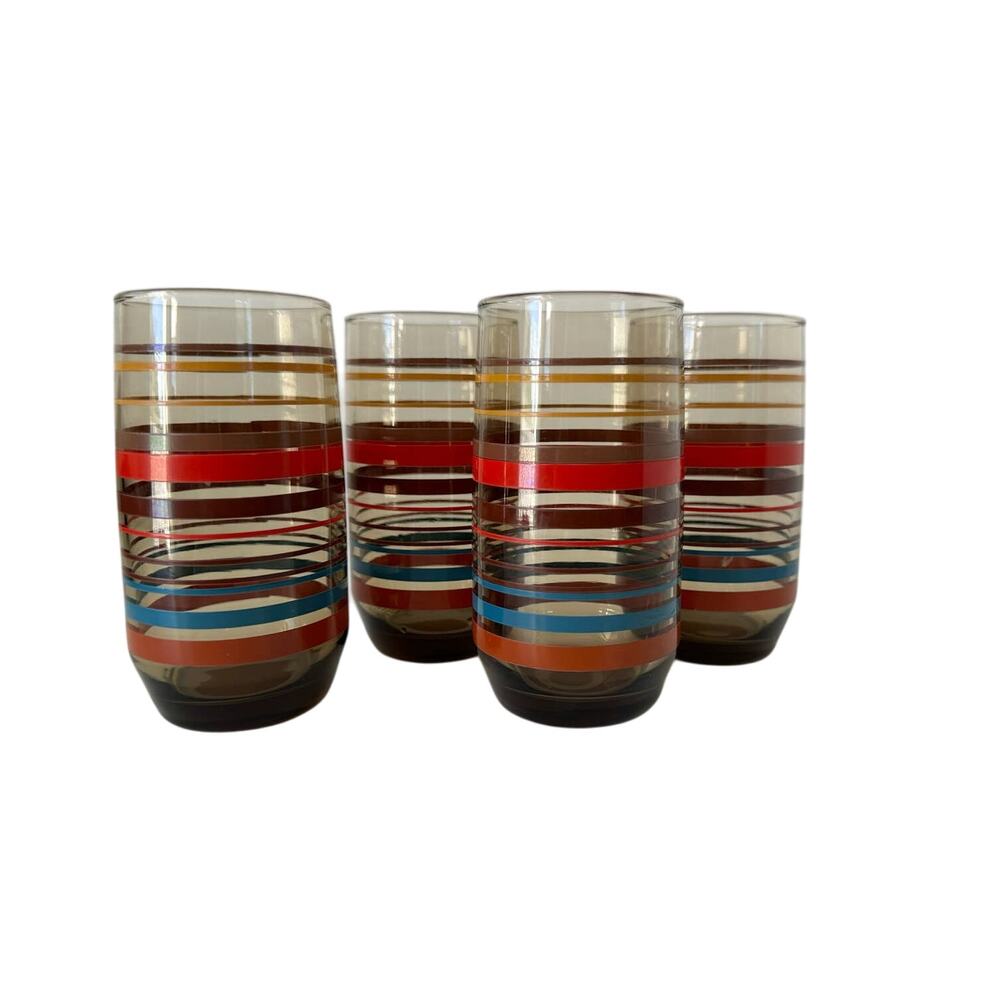 Vintage retro Dominion Glass Smokey striped glasses tumblers set 4
